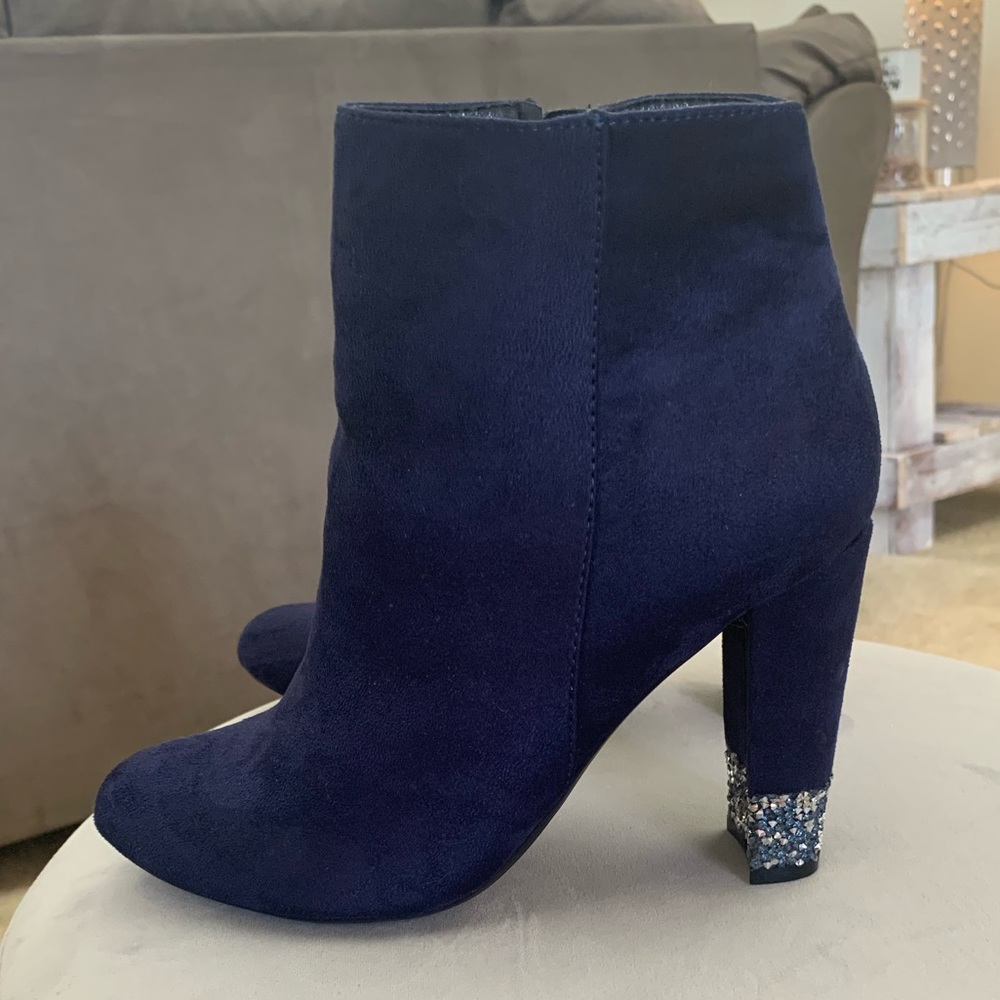 Blue booties with embellished heel